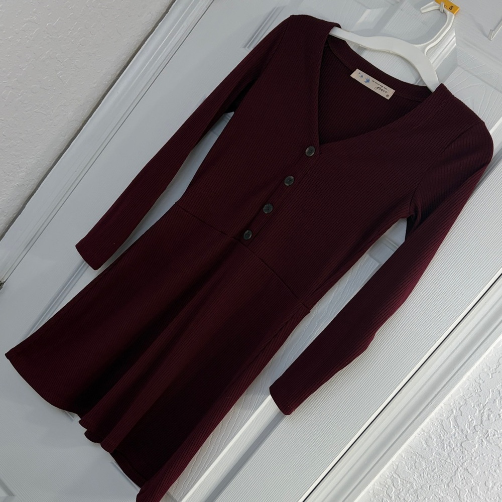 Grace Long Sleeve V-Neck Fit-and-Flare Dress in Burgundy